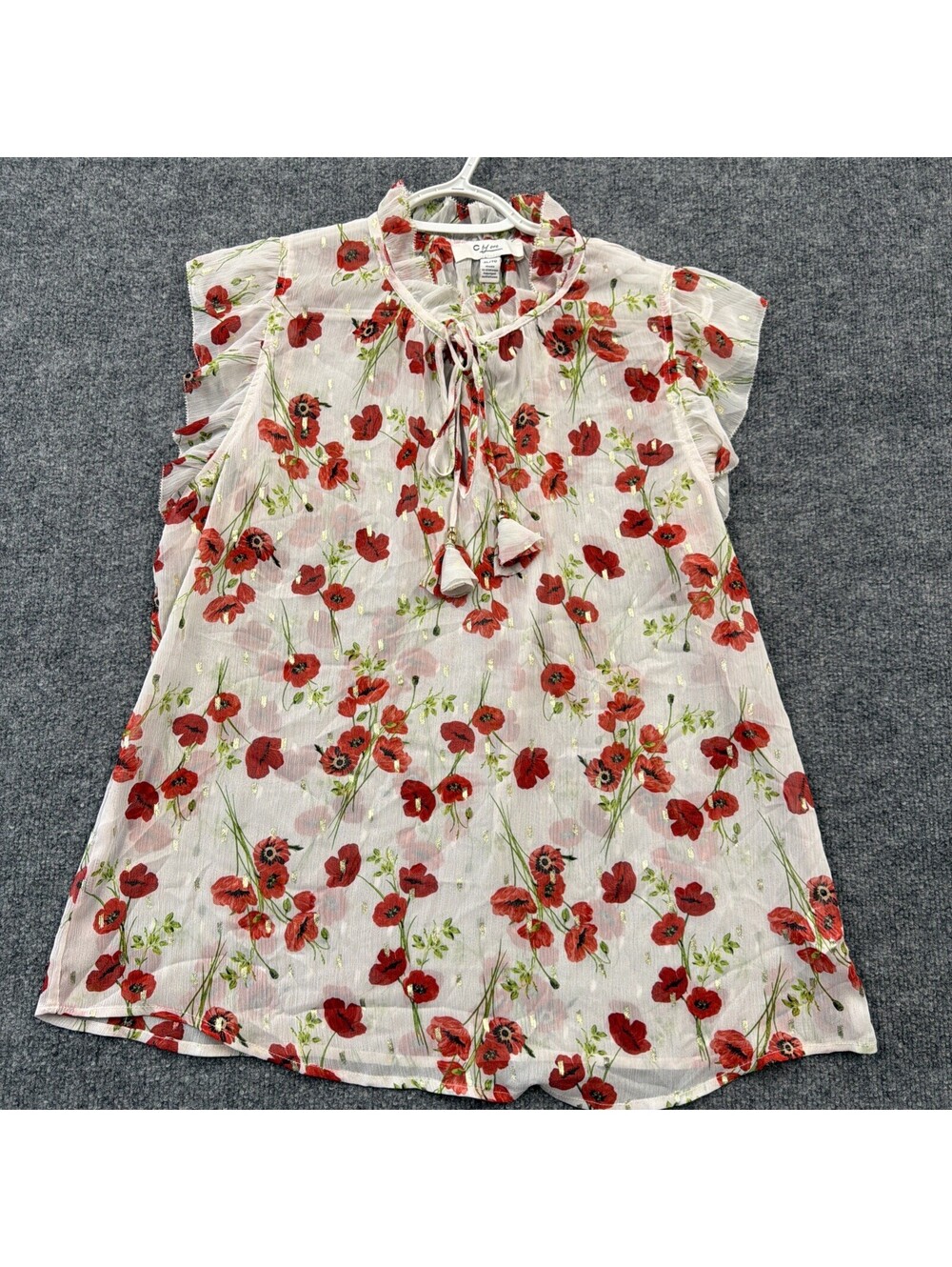 C By One Sheer Top With Red Poppies And Gold Glitter Size Xl